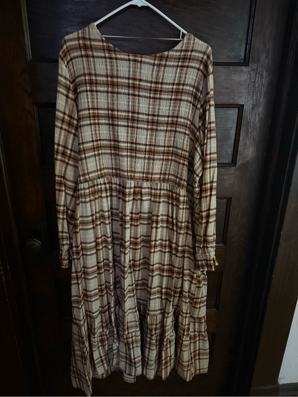 Plaid Long-Sleeve Tiered Maxi Dress in Cream and Brown